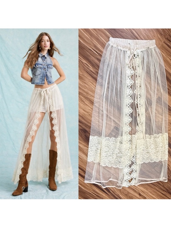 POL Dresses & Skirts - POL Sheer Lace-Trim Maxi Skirt in Ivory